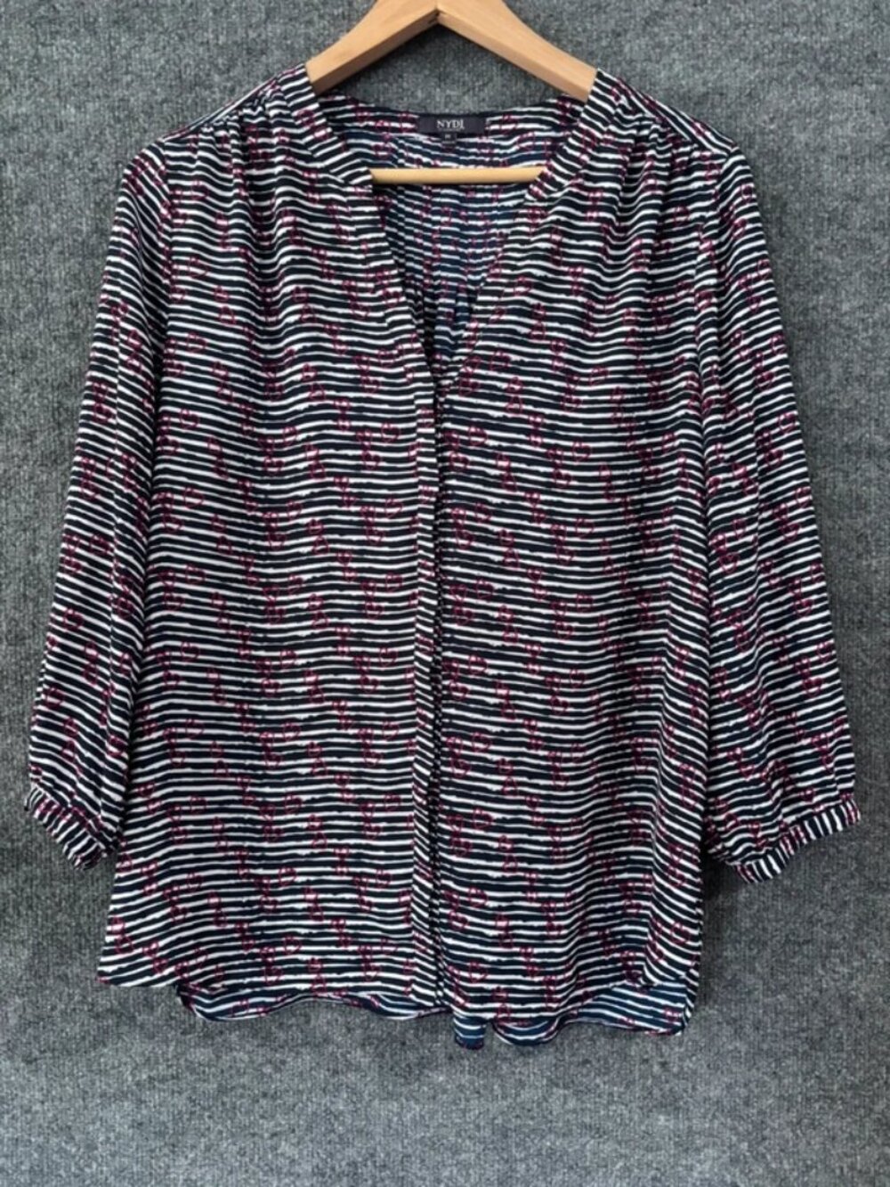 NYDJ Black & White Striped V-Neck Blouse with Pink Dot Detail